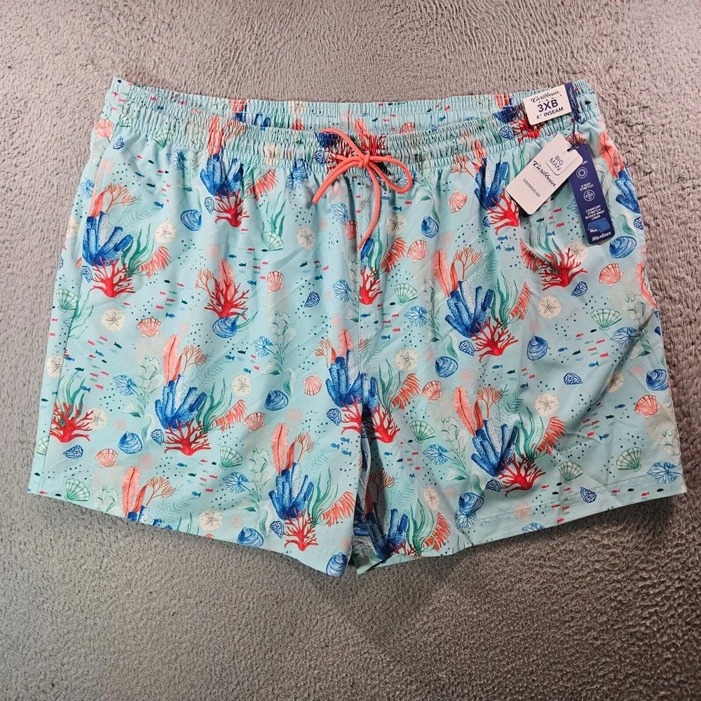 NWT Caribbean Swim Shorts Trunks‎ Men's 3XB Lined Zip Pocket Coral Sea Life Blue